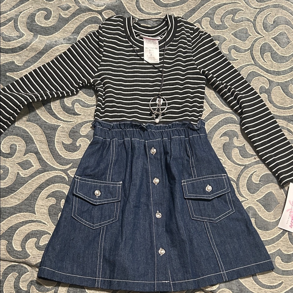 Striped Black and White Top with Denim Skirt